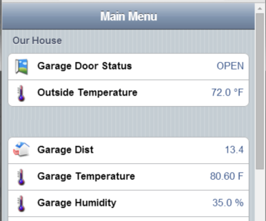 OpenHAB interface showing garage door status, temperature, and humidity from the garage Arduino